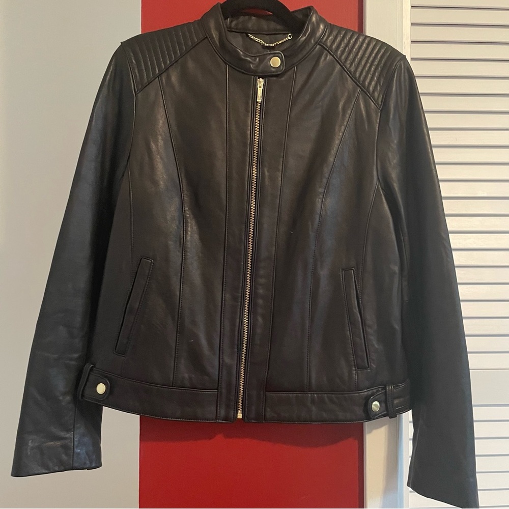 Cole Haan black lamb leather jacket with gold hardware